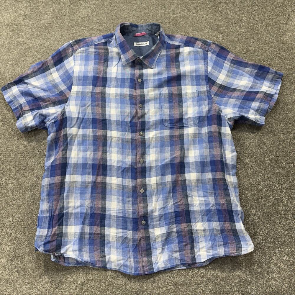 Tommy Bahama Mens XXL Plaid Short Sleeve Button Front Cotton Blue Purple Beach